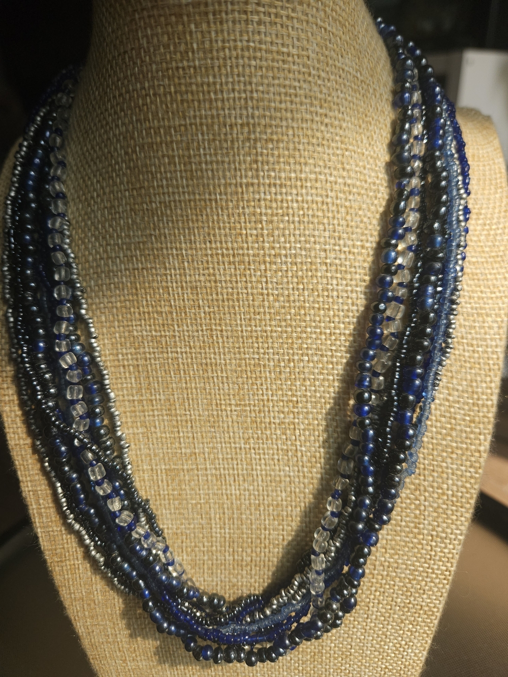 Handmade Multi-Strand Blue, Gunmetal, and Silver-Toned Seed Bead Necklace